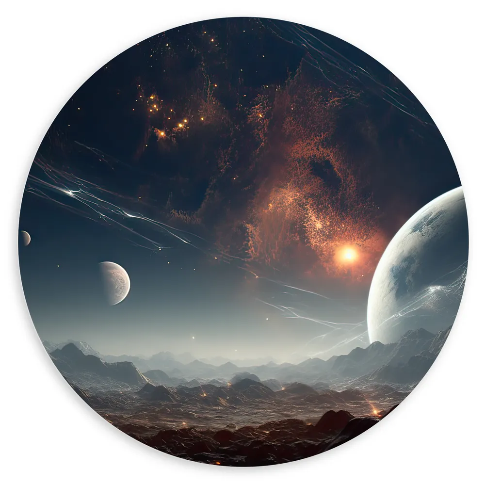 Dibond Muurcirkel - Ruimte - Planeten - Lijnen - Kleuren