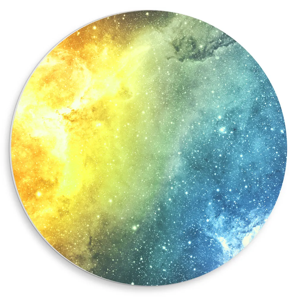 Dibond Muurcirkel - Galaxy Lucht met Oranje, Blauw en Paarse Gloed