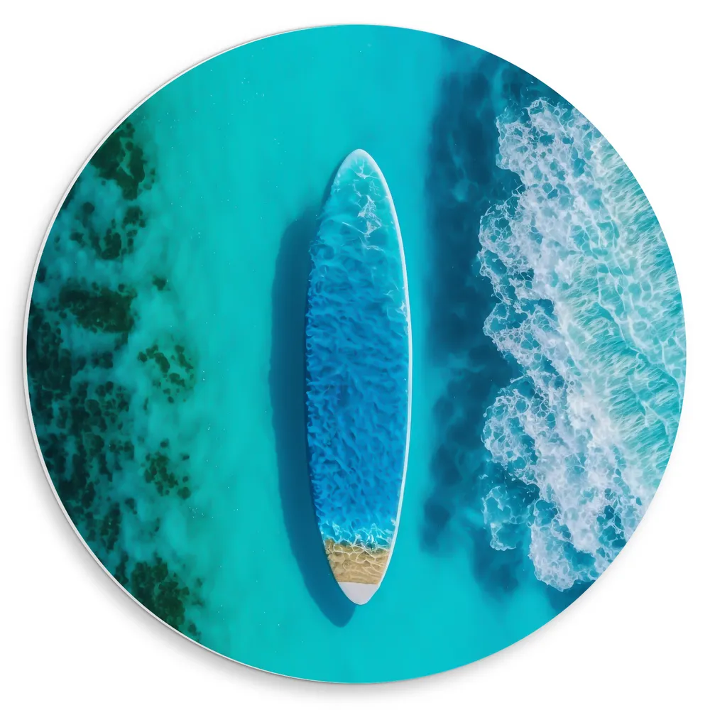 Dibond Muurcirkel - Surfboard Dobberend op Wateroppervlak van Oceaan