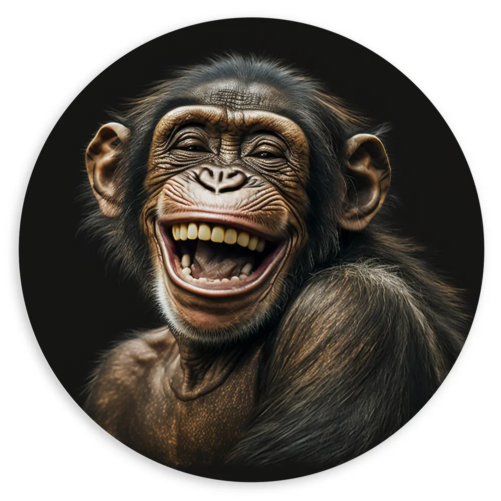 Dibond Muurcirkel - Vrolijke Chimpansee tegen Zwarte Achtergrond