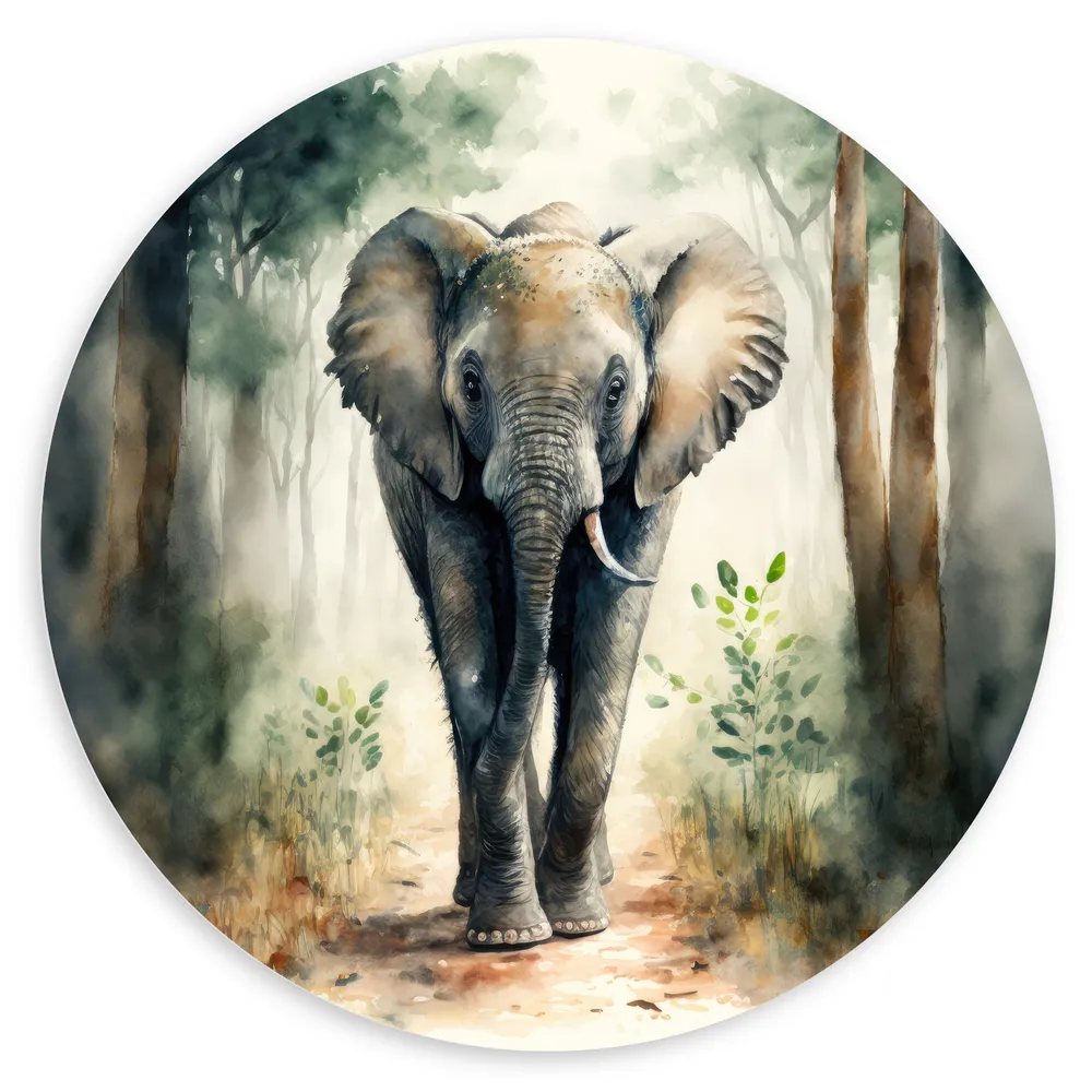 Dibond Muurcirkel - Tekening van Olifant Lopend door het Bos