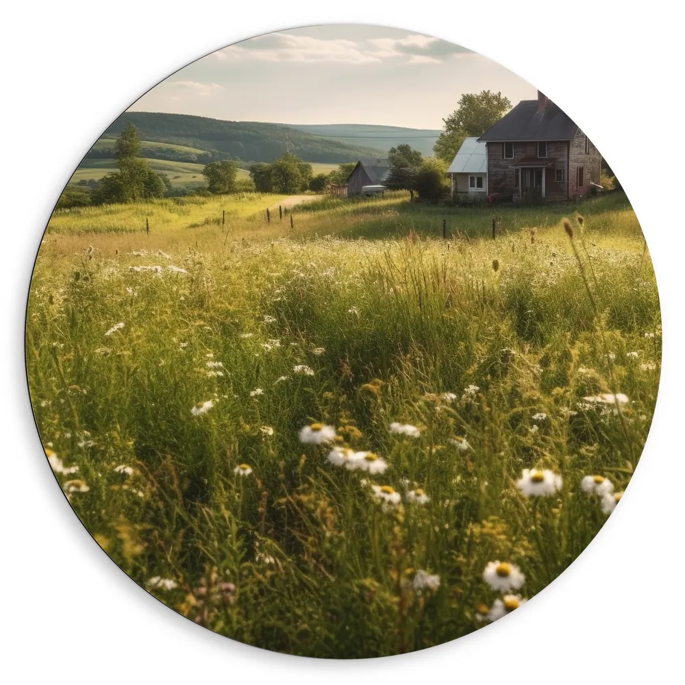 Dibond Muurcirkel - Landschap - Huisje - Bergen - Bloemen - Planten