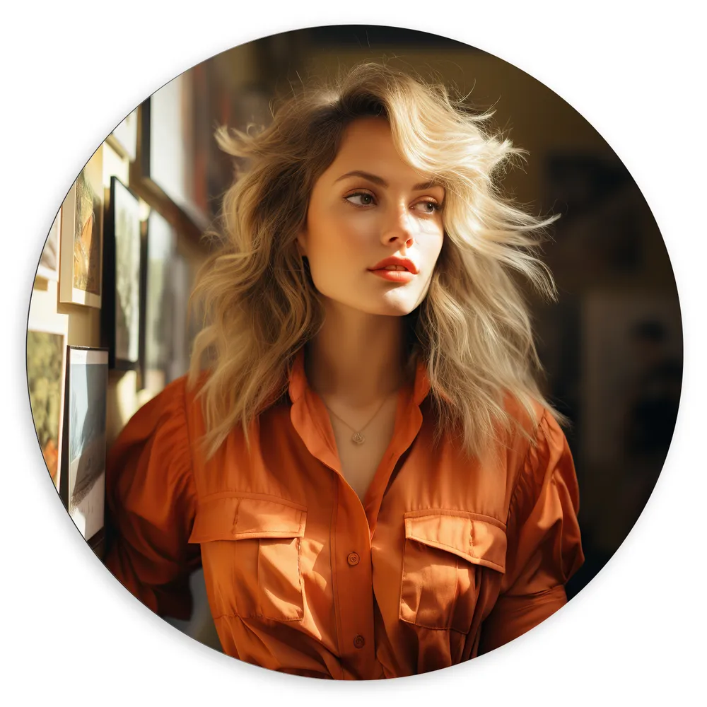 Dibond Muurcirkel - Vrouw - Model - Krullen - Oranje