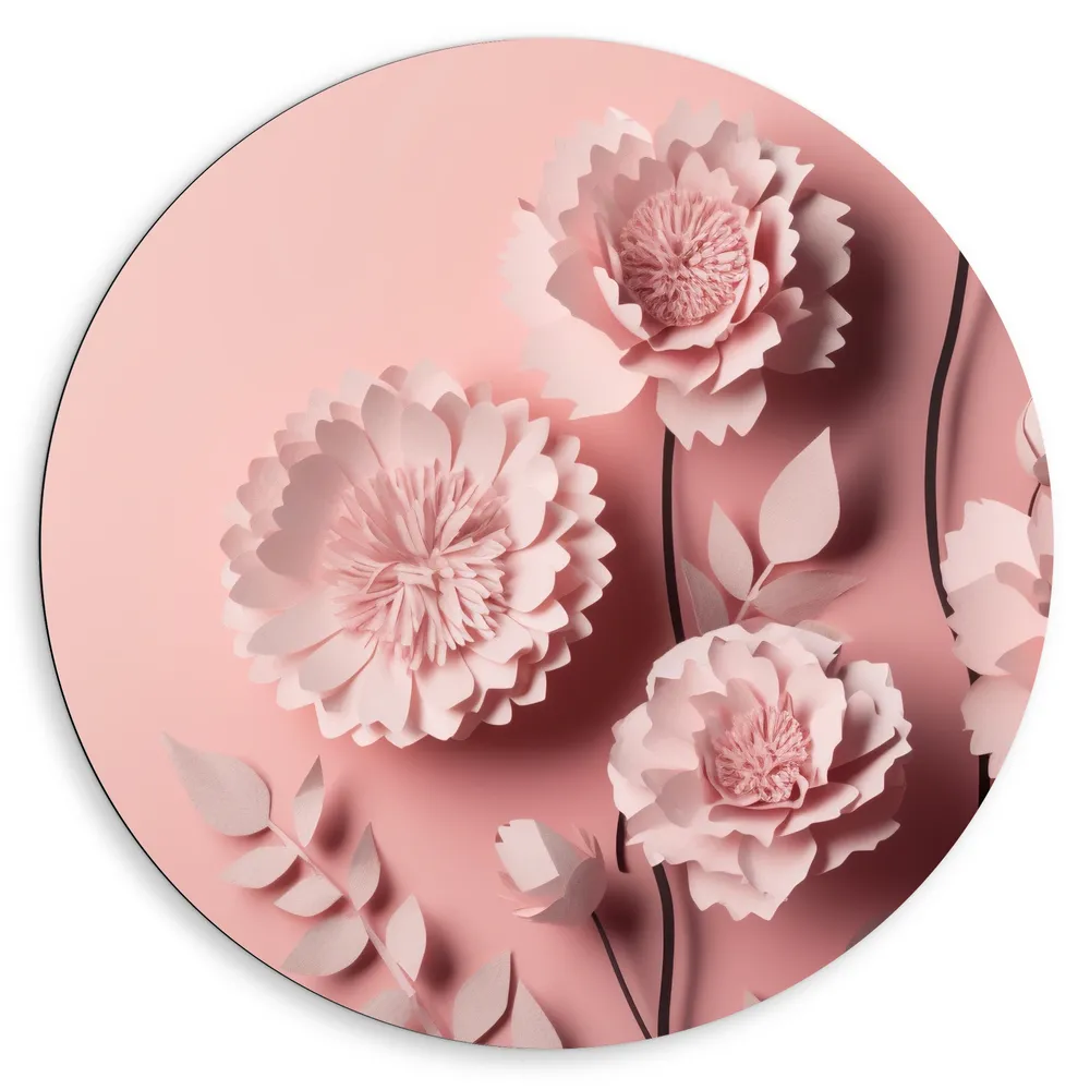 Dibond Muurcirkel - Papieren Roze Bloemen op Roze Achtergrond