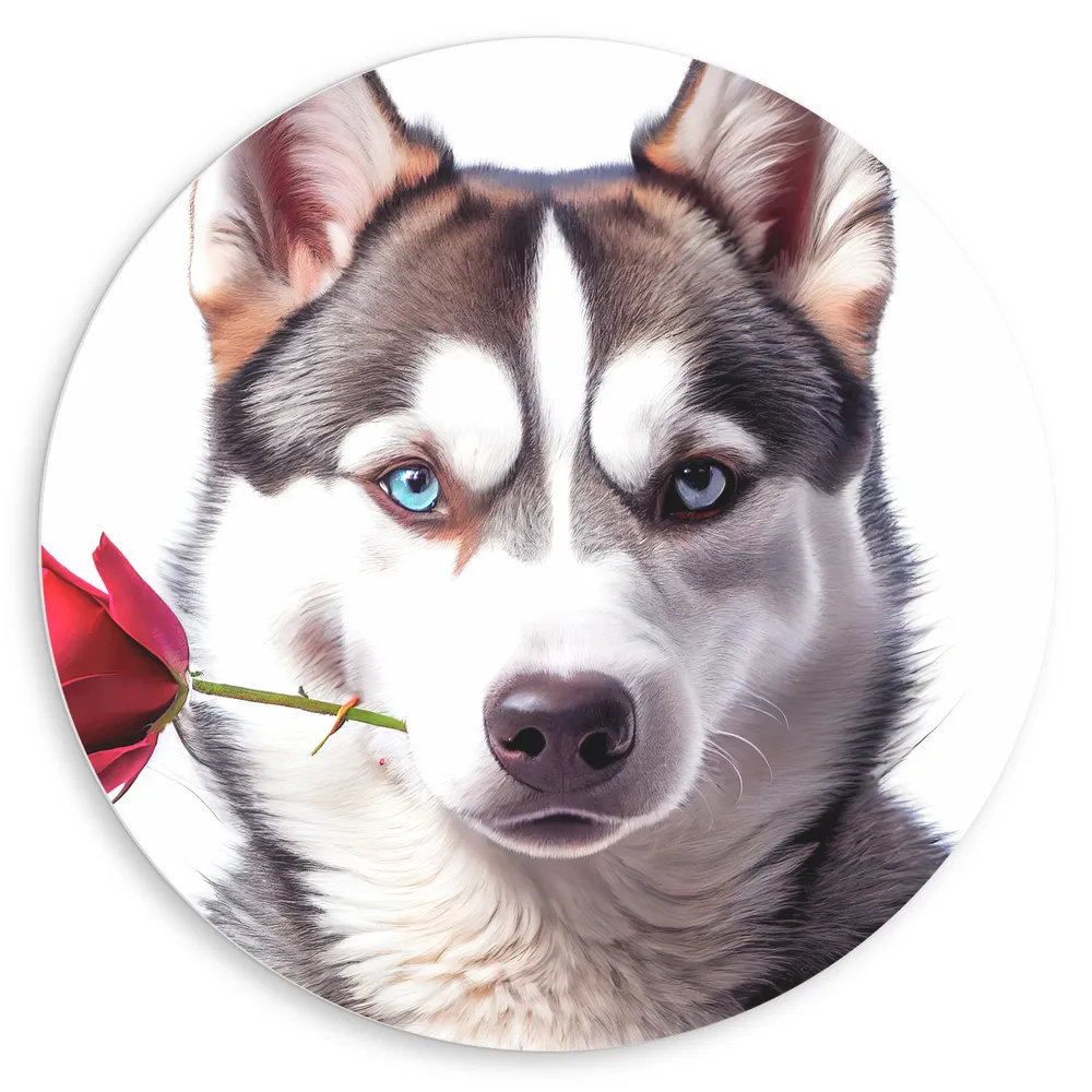 Dibond Muurcirkel - Romantische Husky Hond met Roos tegen Witte Achtegrond