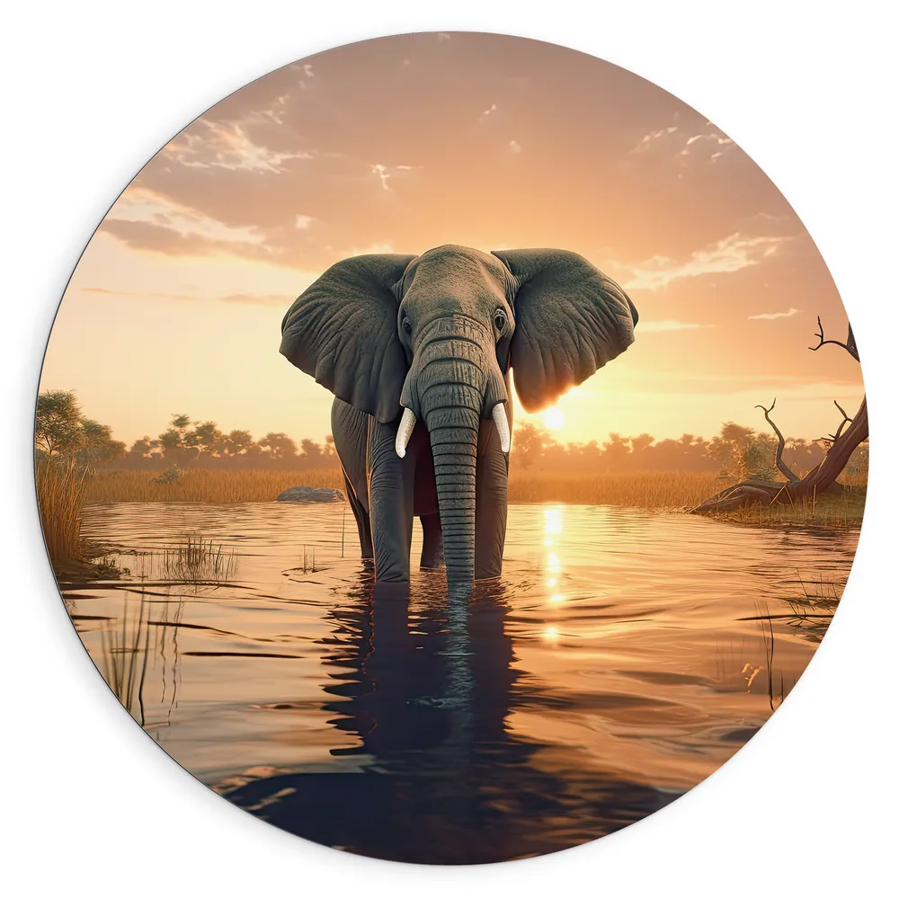 Dibond Muurcirkel - Olifant Lopend door Laagstaand Beekje bij Zonsondergang