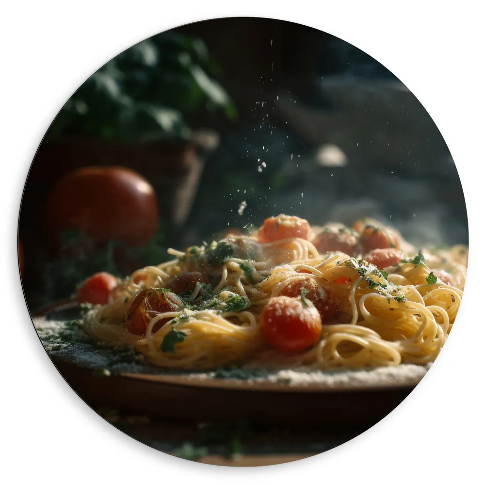 Dibond Muurcirkel - Spaghetti - Tomaten - Kaas - Eten - Bord