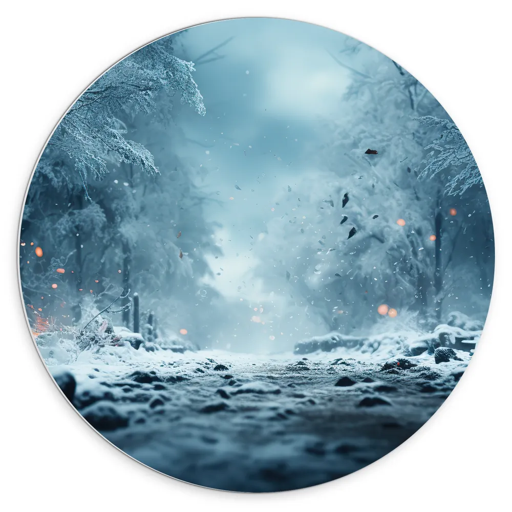 Dibond Muurcirkel - Bomen - Sneeuw - Pad - Wit - Oranje