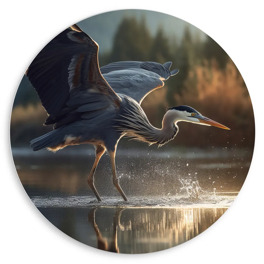 Dibond Muurcirkel - Grote blauwe reiger staat in het water met een bos op de achtergrond