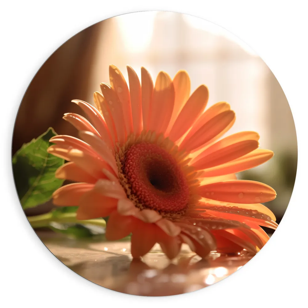 Dibond Muurcirkel - Oranje Gerbera Bloem op Tafel met Waterdruppels
