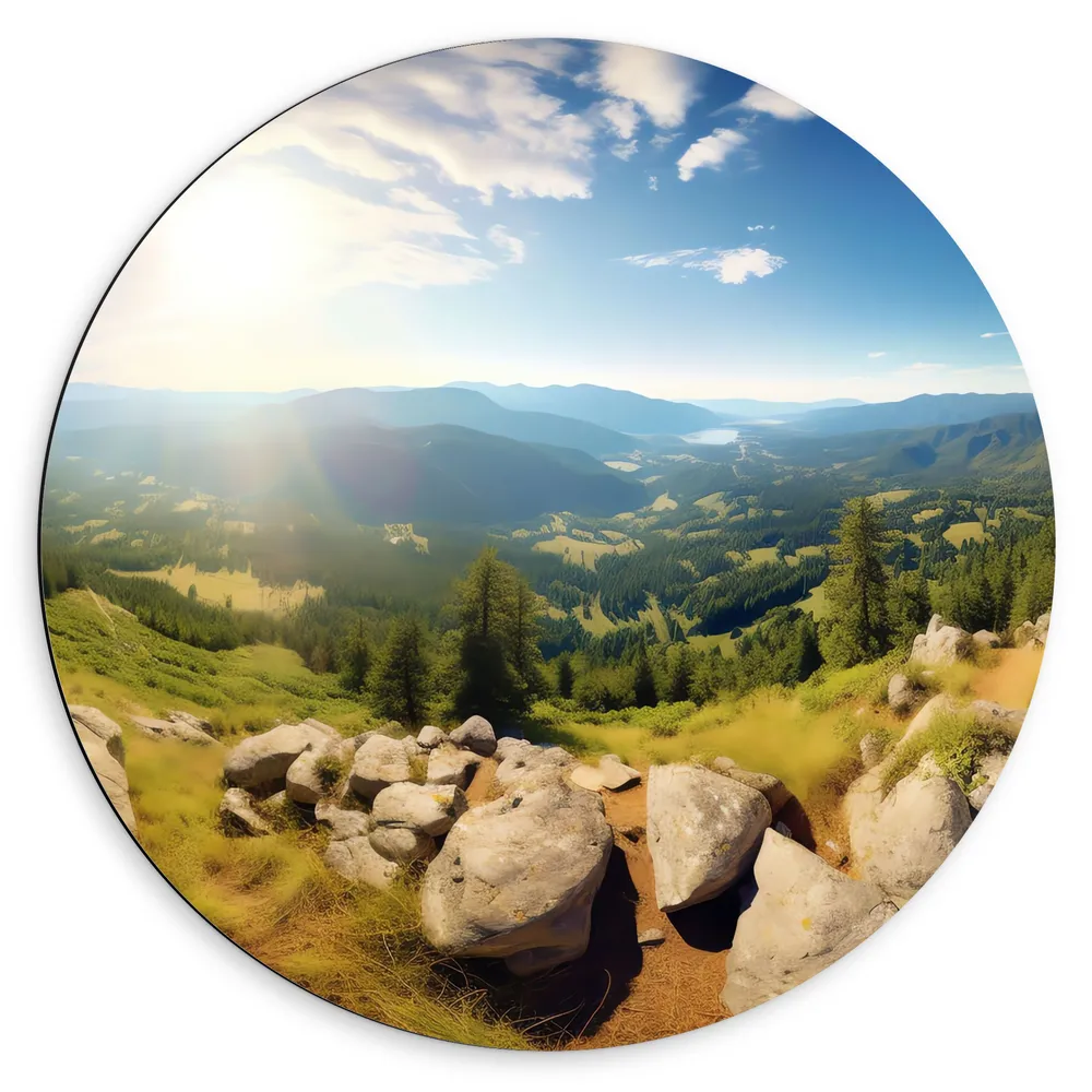 Dibond Muurcirkel - Bergen - Stenen - Bomen - Uitzicht - Landschap