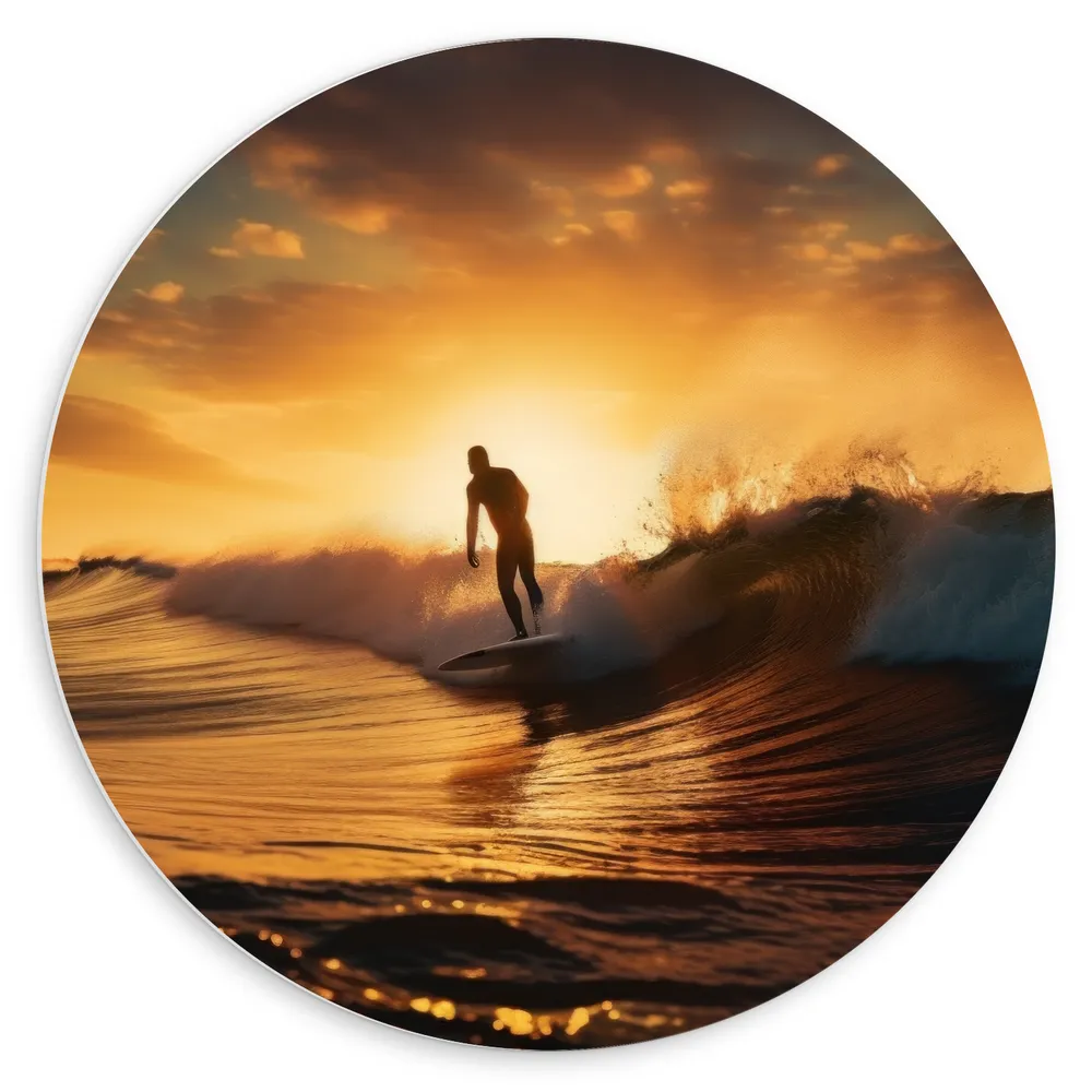 Dibond Muurcirkel - Surfer in Actie tijdens Zonsondergang