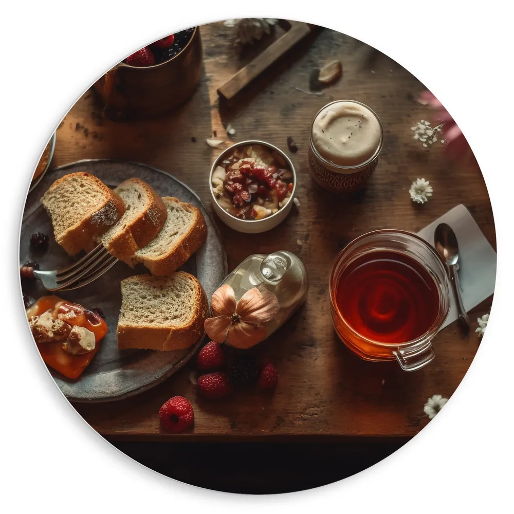 Dibond Muurcirkel - Eten - Drinken - Thee - Brood - Fruit - Bloemen - Bestek