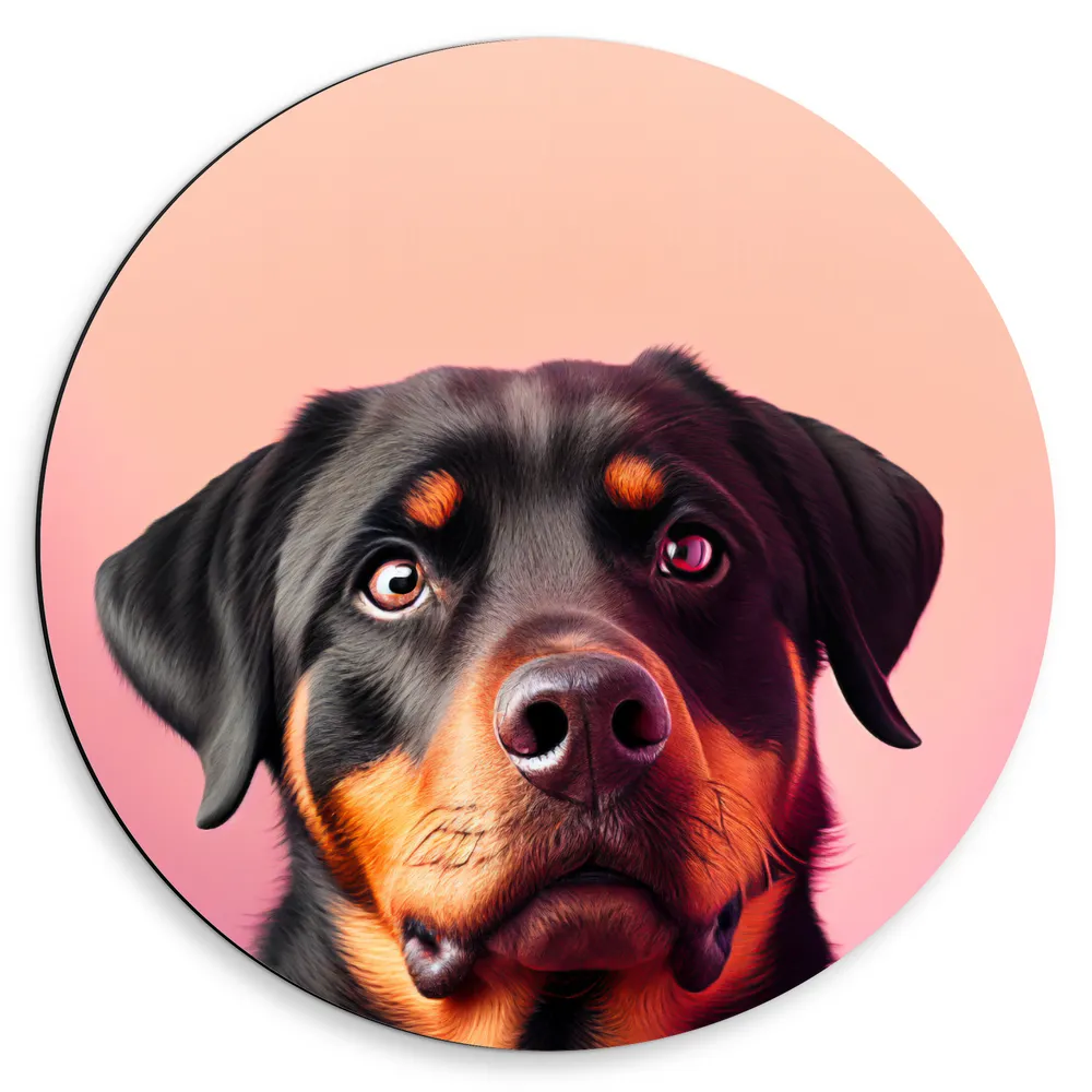 Dibond Muurcirkel - Opkijkende Rottweiler Hond tegen Rozekleurige Achtergrond