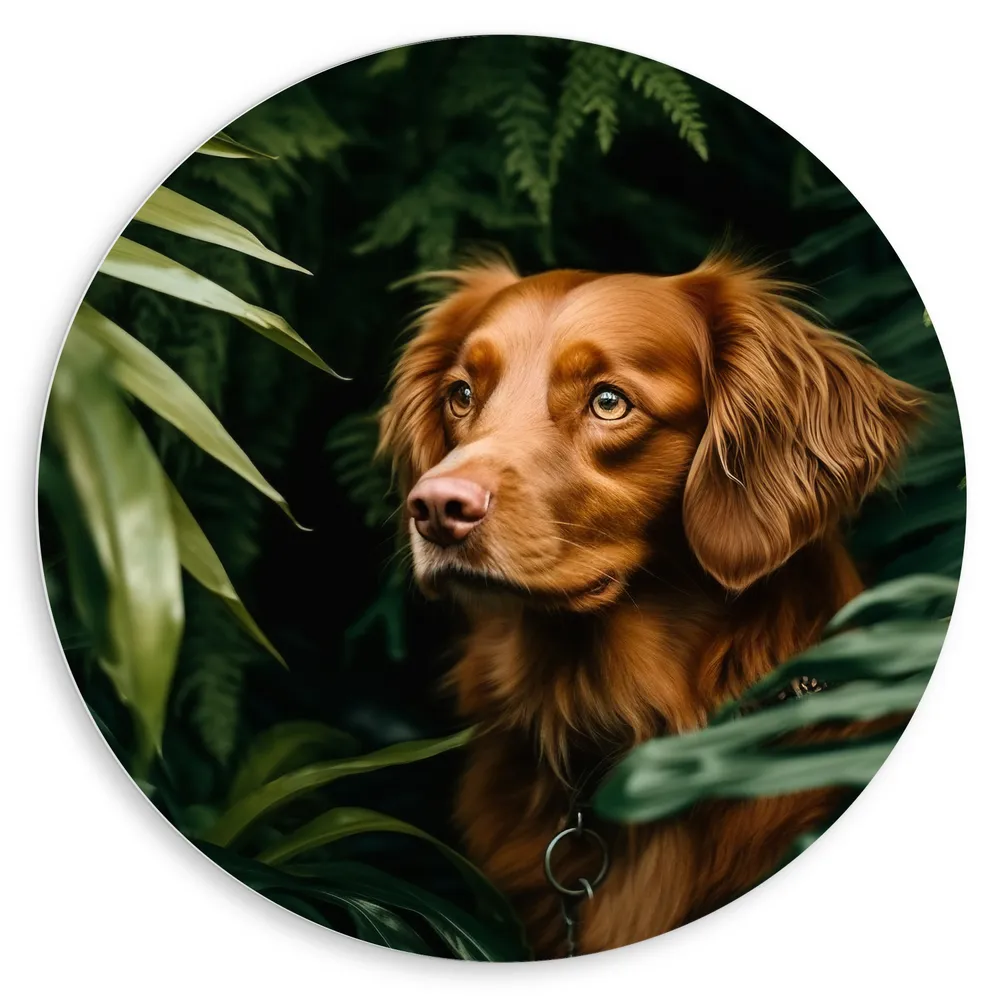 Dibond Muurcirkel - Bruine Hond tussen de Groene Bladeren