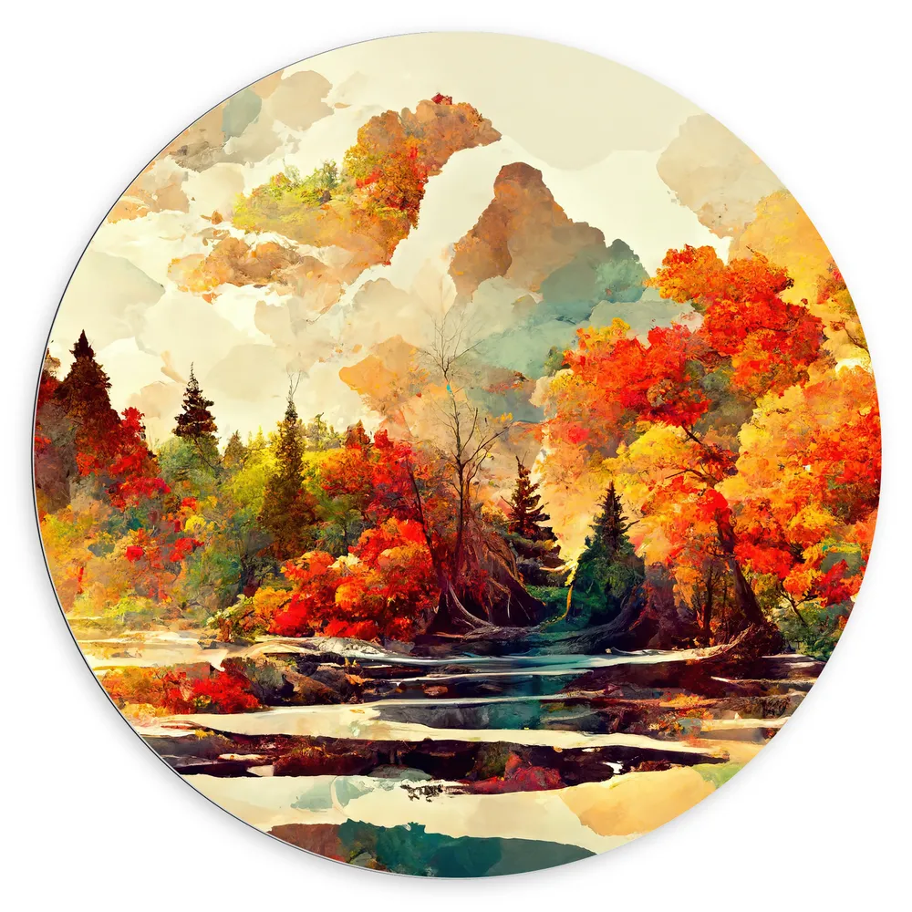 Dibond Muurcirkel - Schilderij van een Landschap tijdens de Herfst