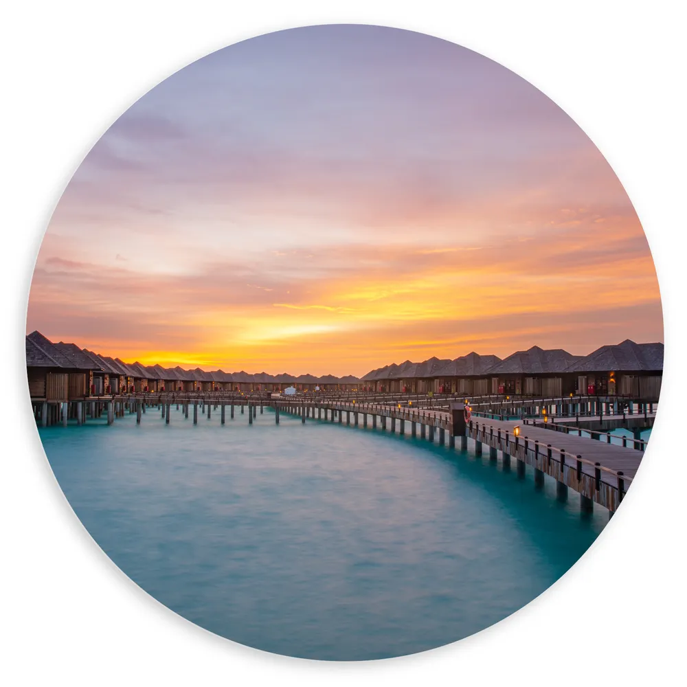 Dibond Muurcirkel - Zonsondergang bij Vakantie Resorts op Zee van Maledieven
