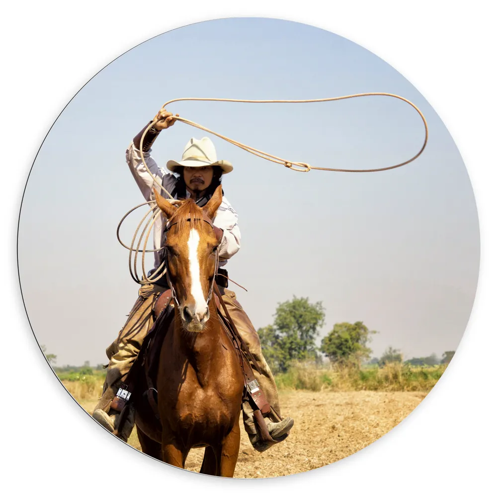 Dibond Muurcirkel - Rijdende Cowboy met Lasso
