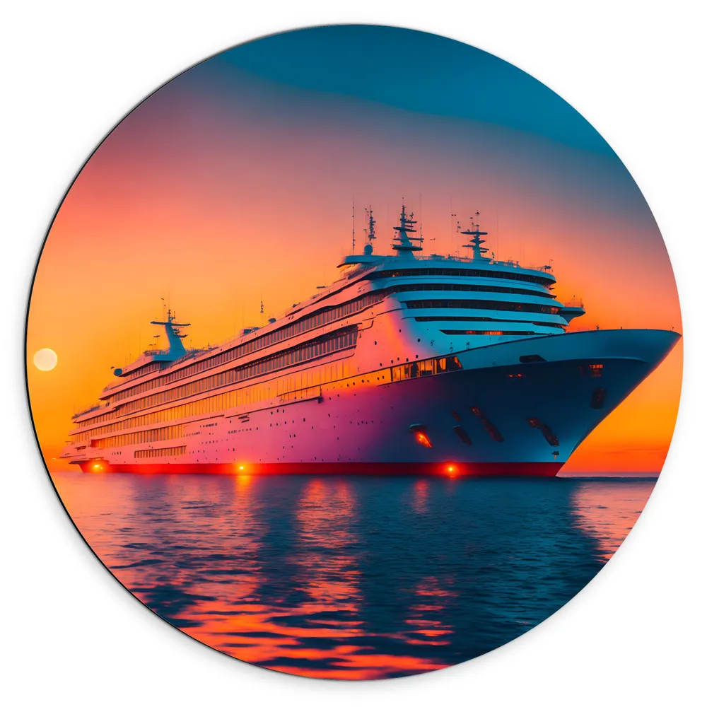 Dibond Muurcirkel - Enorm Cruiseschip Varend over het Water tijdens Zonsondergang