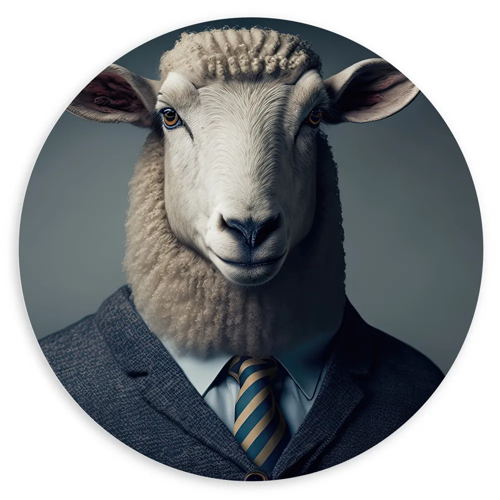 Dibond Muurcirkel - Schaap in Zakelijk Pak met Gestreepte Stropdas