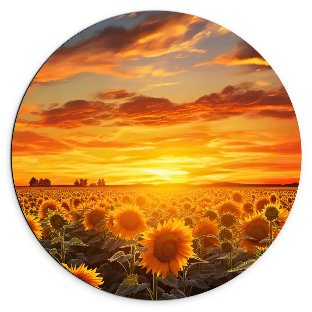 Dibond Muurcirkel - Bloemen - Veld - Zonnebloemen - Zon