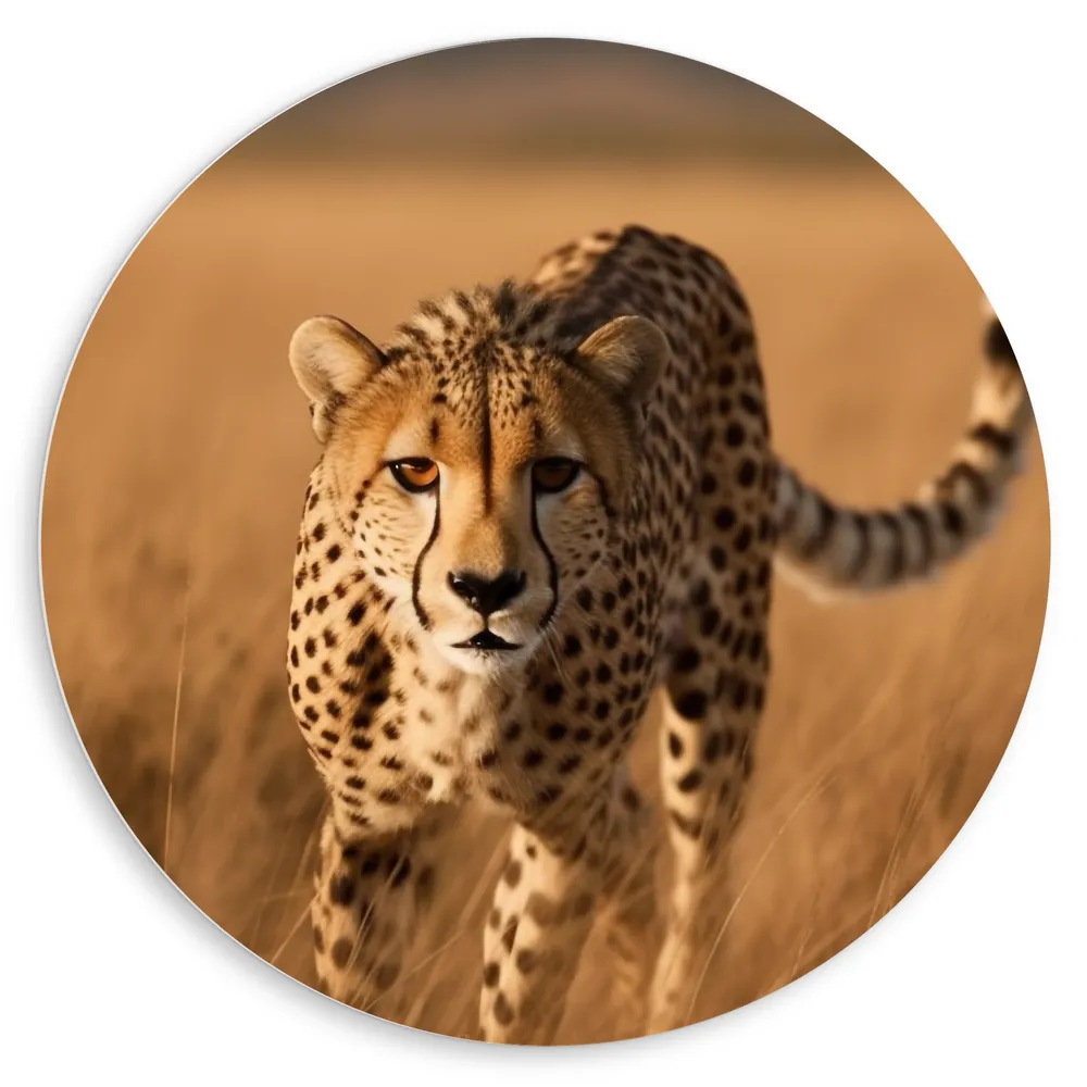 Dibond Muurcirkel - Zuid Afrikaanse Cheetah loopt door gras heen