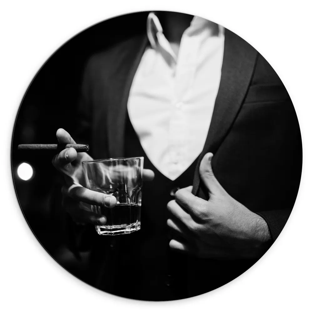 Dibond Muurcirkel - Man - Glas - Drinken - Alcohol - Sigaar - Zwart - Wit