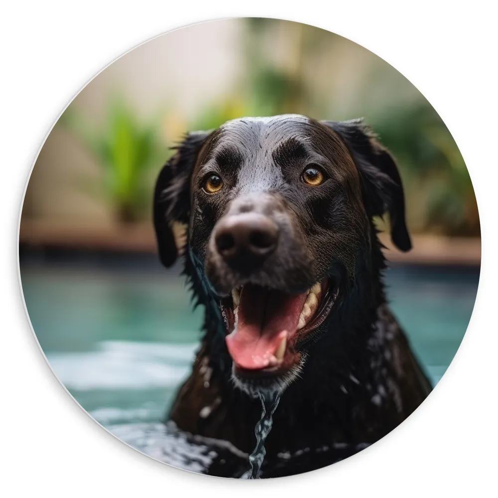 Dibond Muurcirkel - Bruine labrador komt met zijn kop boven water na het zwemmen