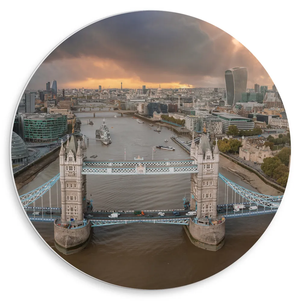 Dibond Muurcirkel - Uitzicht op Gebouwen waaronder Big Ben in Londen, Verenigd Koninkrijk