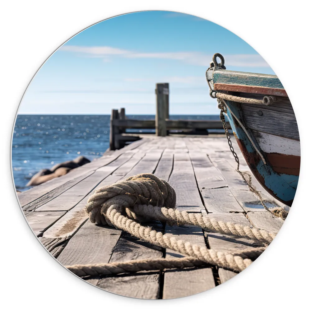 Dibond Muurcirkel - Boot - Touw - Water - Zee - Hout