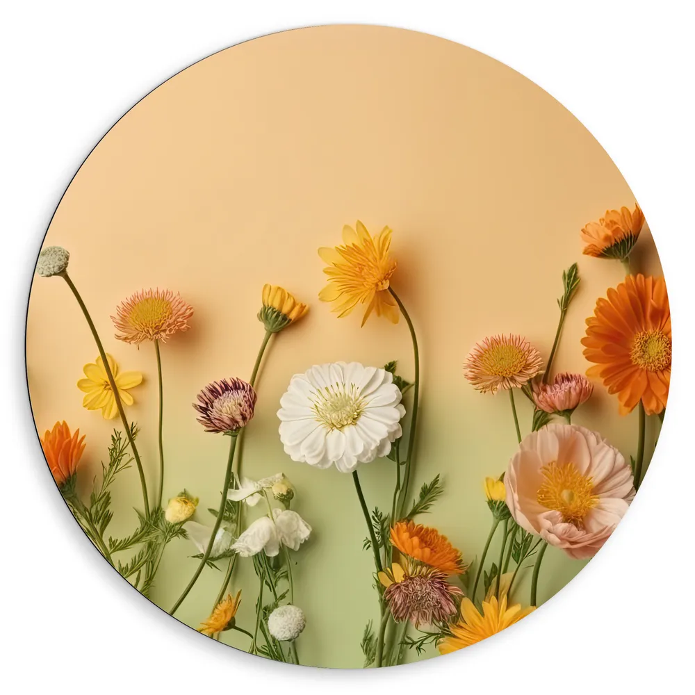 Dibond Muurcirkel - Oranje met Witte Bloemen op Oranje Achtergrond