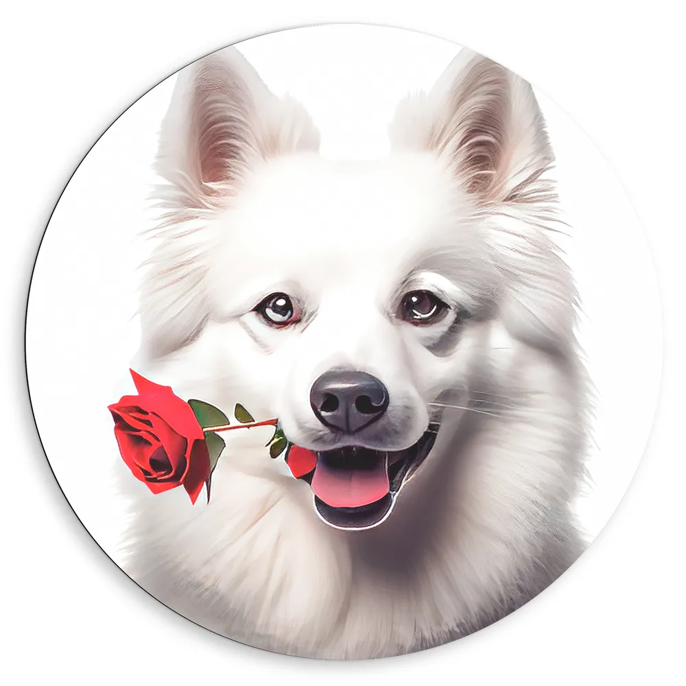 Dibond Muurcirkel - Tekening van Romantische Eskimo Hond met Roos tegen Witte Achtegrond