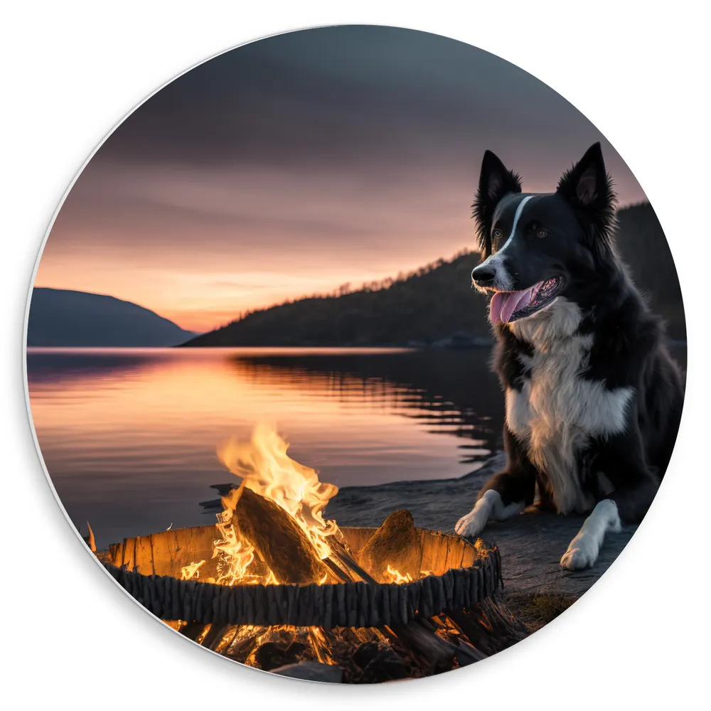 Dibond Muurcirkel - Bordercollie Hond Liggend langs Kampvuur aan het Water