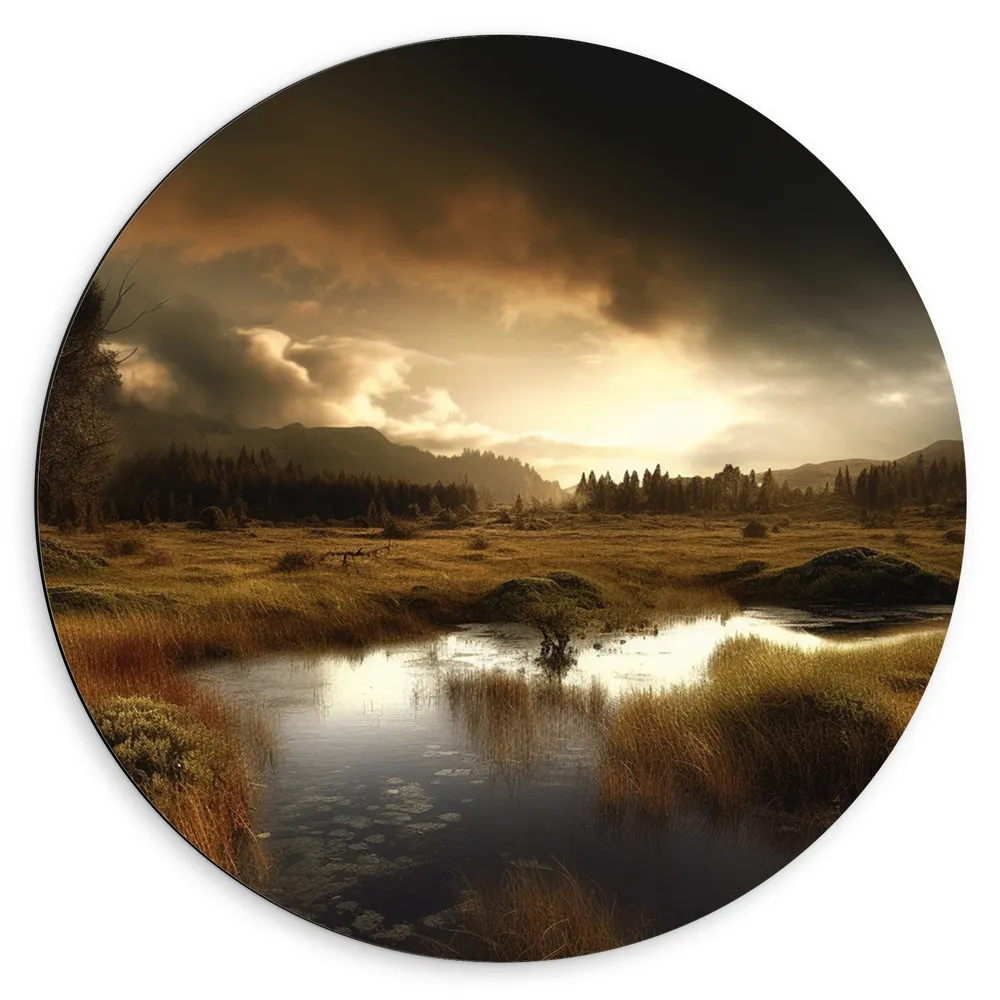 Dibond Muurcirkel - Landschap - Gras - Bomen - Wolken - Water