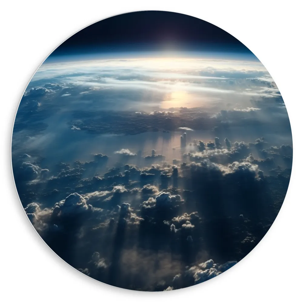 Dibond Muurcirkel - Planeet - Blauw - Wolken - Zon