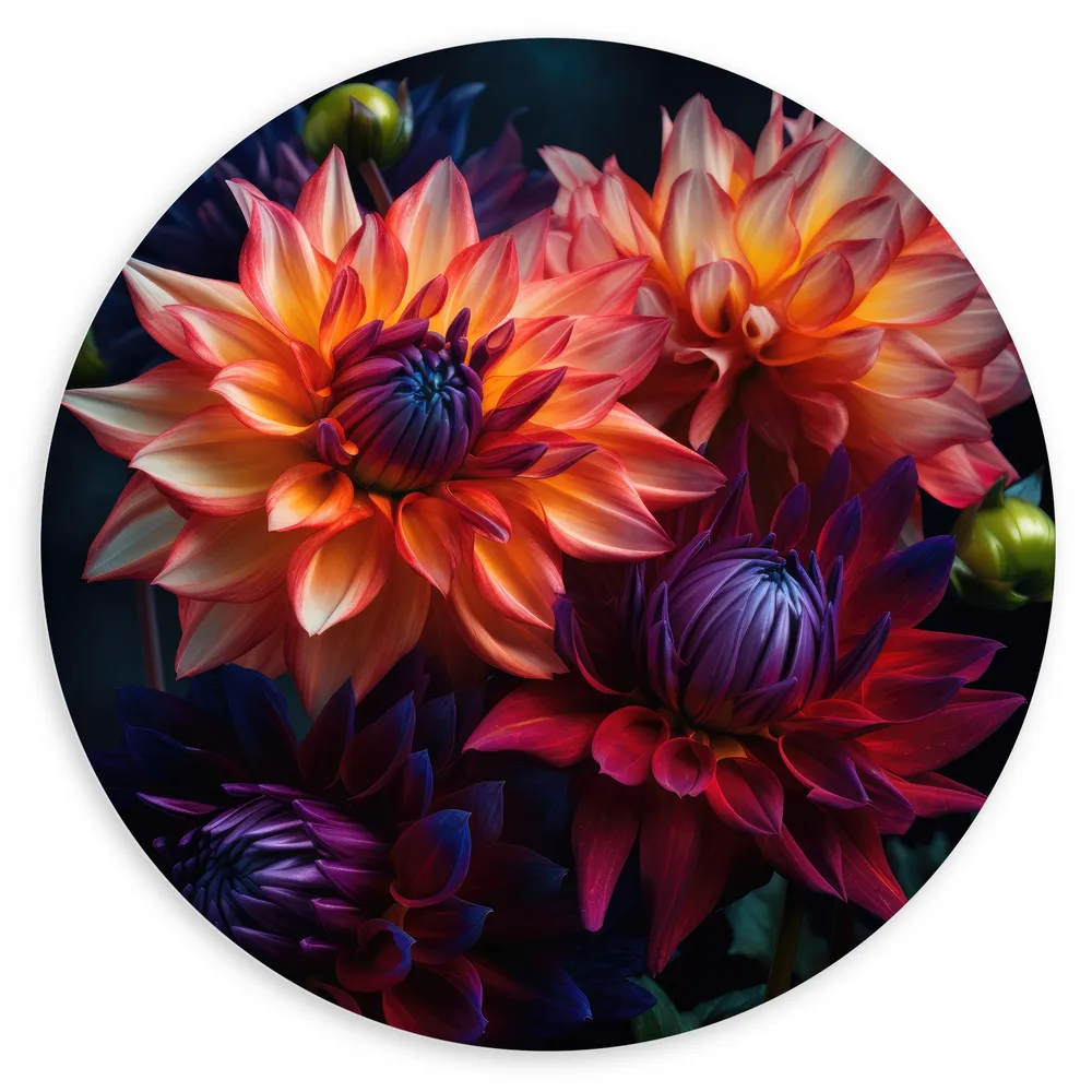 Dibond Muurcirkel - Boeket van Oranje en Paarse Bloemen