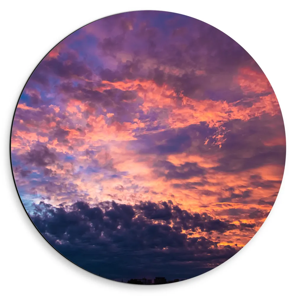 Dibond Muurcirkel - Paarskleurige Zonsondergang bij Sluierbewolking