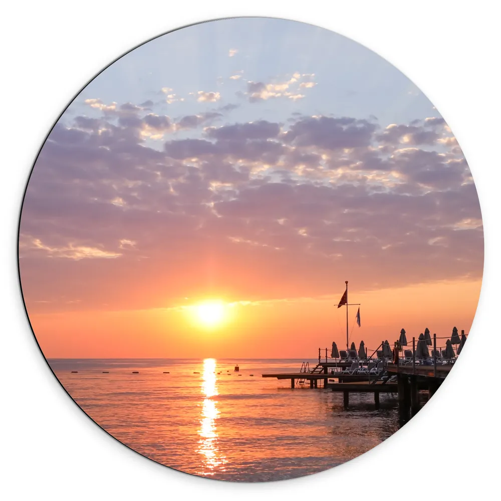 Dibond Muurcirkel - Zon Zakkend in de Zee bij Pier
