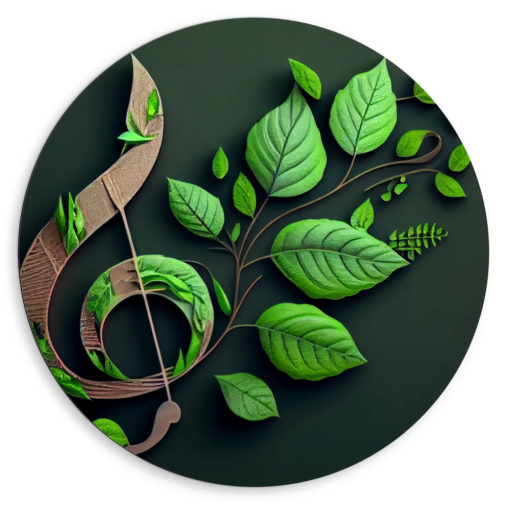 Dibond Muurcirkel - Muzieknoot Versierd met Groene Bladeren