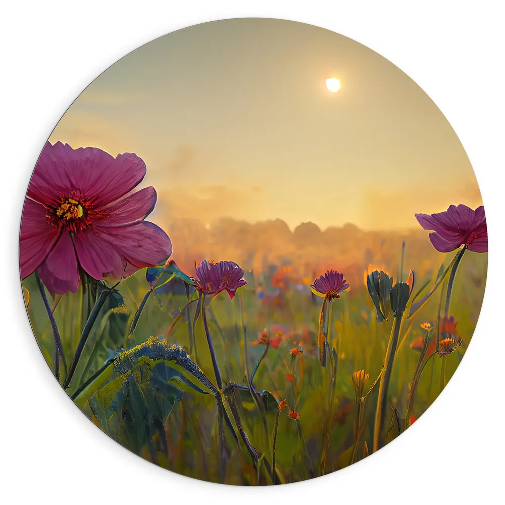 Dibond Muurcirkel - Roze Bloemen in het Veld bij Wazige Zon