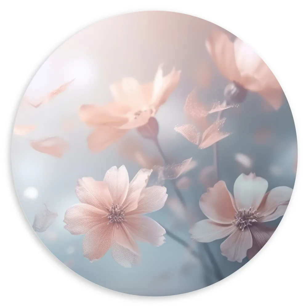 Dibond Muurcirkel - Licht Roze Cosmea Bloemen met Wazige Blauwe Achtergrond