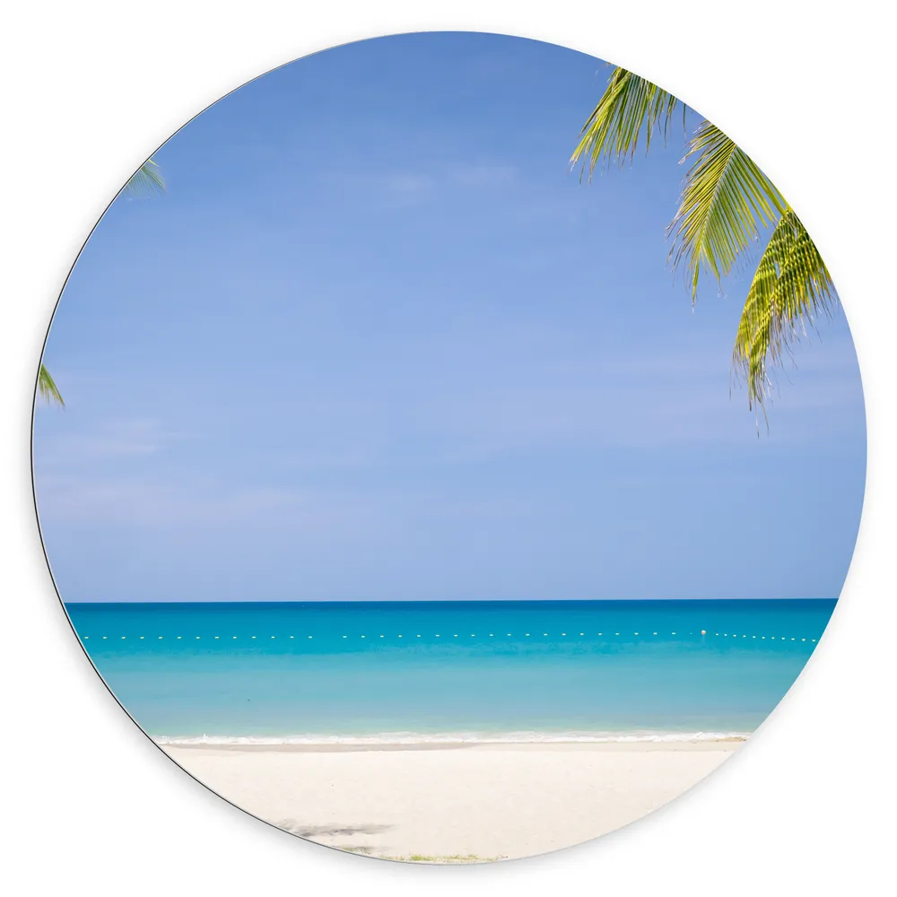 Dibond Muurcirkel - Palmbladeren op Tropisch Strand