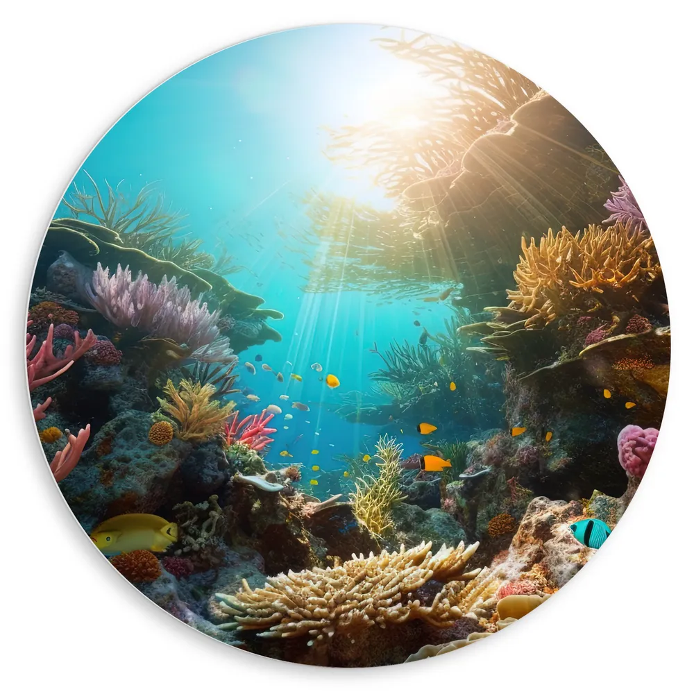 Dibond Muurcirkel - Onderwater - Oceaan - Zee - Koraal - Vissen - Kleuren - Zon