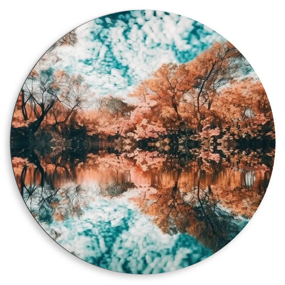 Dibond Muurcirkel - Water - Bomen - Herfst - Bladeren - Wolken - Kleuren