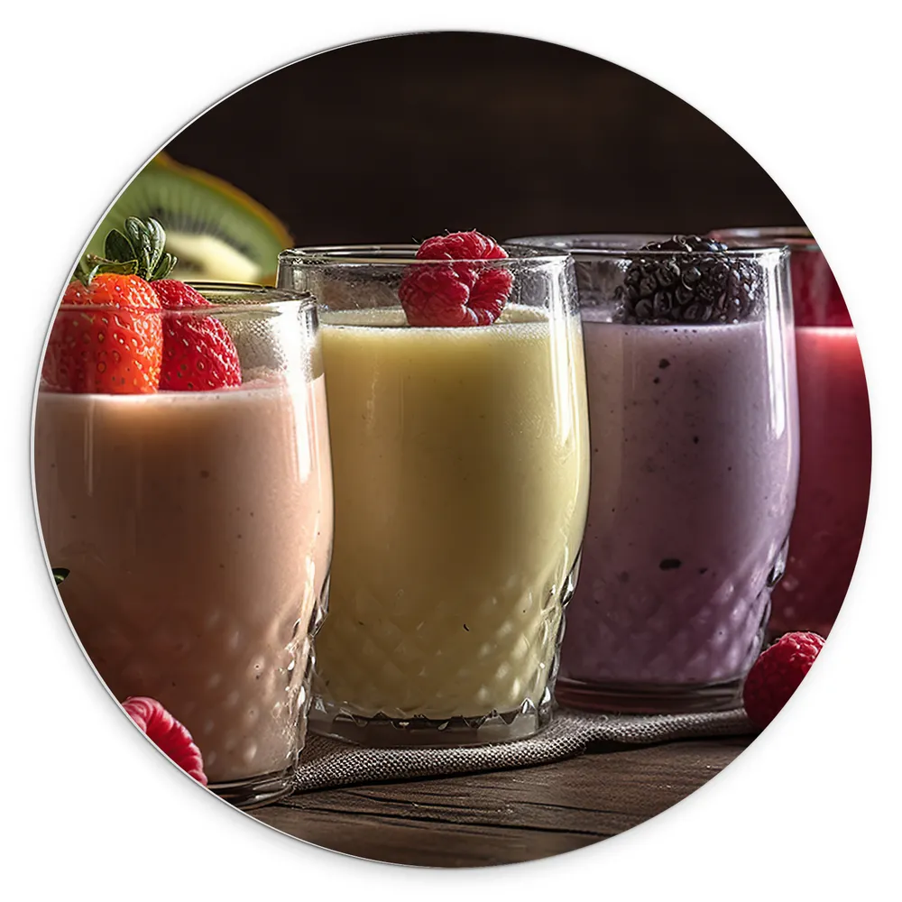 Dibond Muurcirkel - mRij Smoothies van Verschillende Soorten Vers Fruit