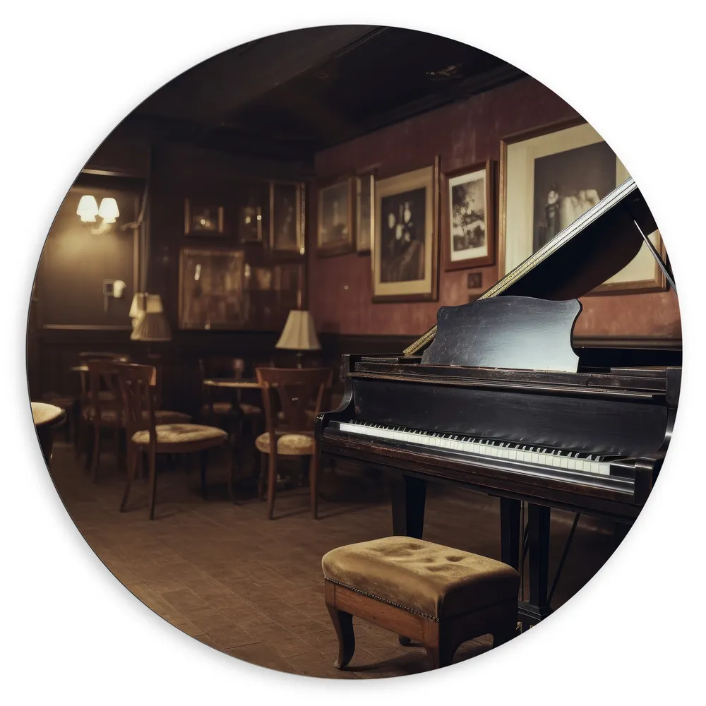 Dibond Muurcirkel - Cafe - Tafels - Stoelen - Hout - Piano - Muziek