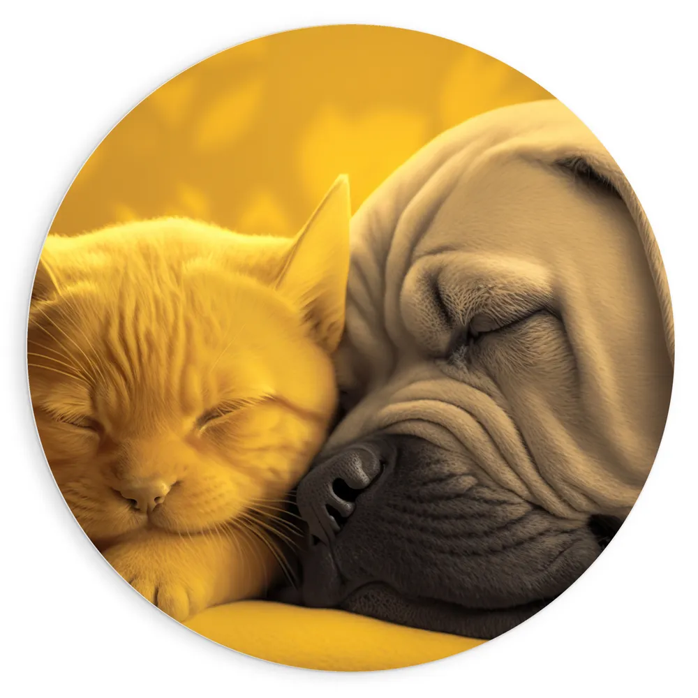 Dibond Muurcirkel - Liefdevolle Slapende Kitten bij Puppy