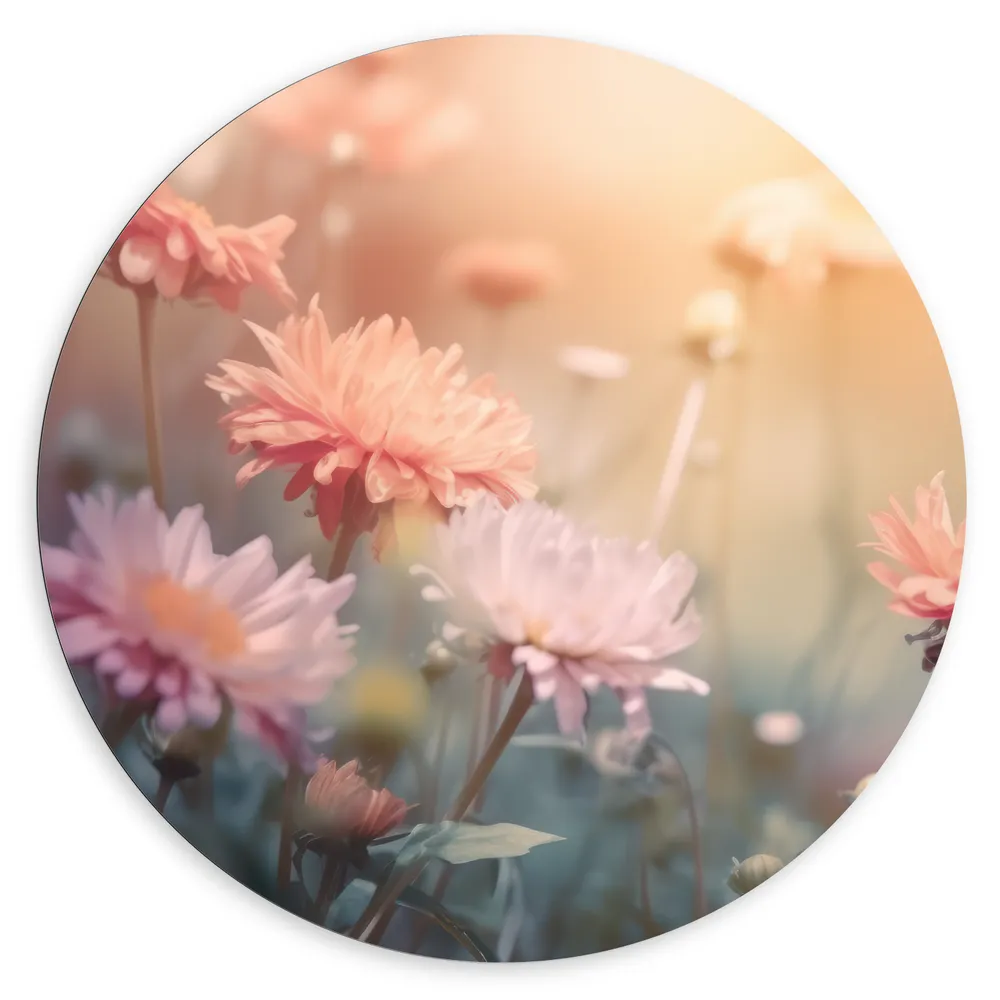 Dibond Muurcirkel - Roze Chrysanten met Wazige Achtergrond en Oranje Zonlicht - Bloemen