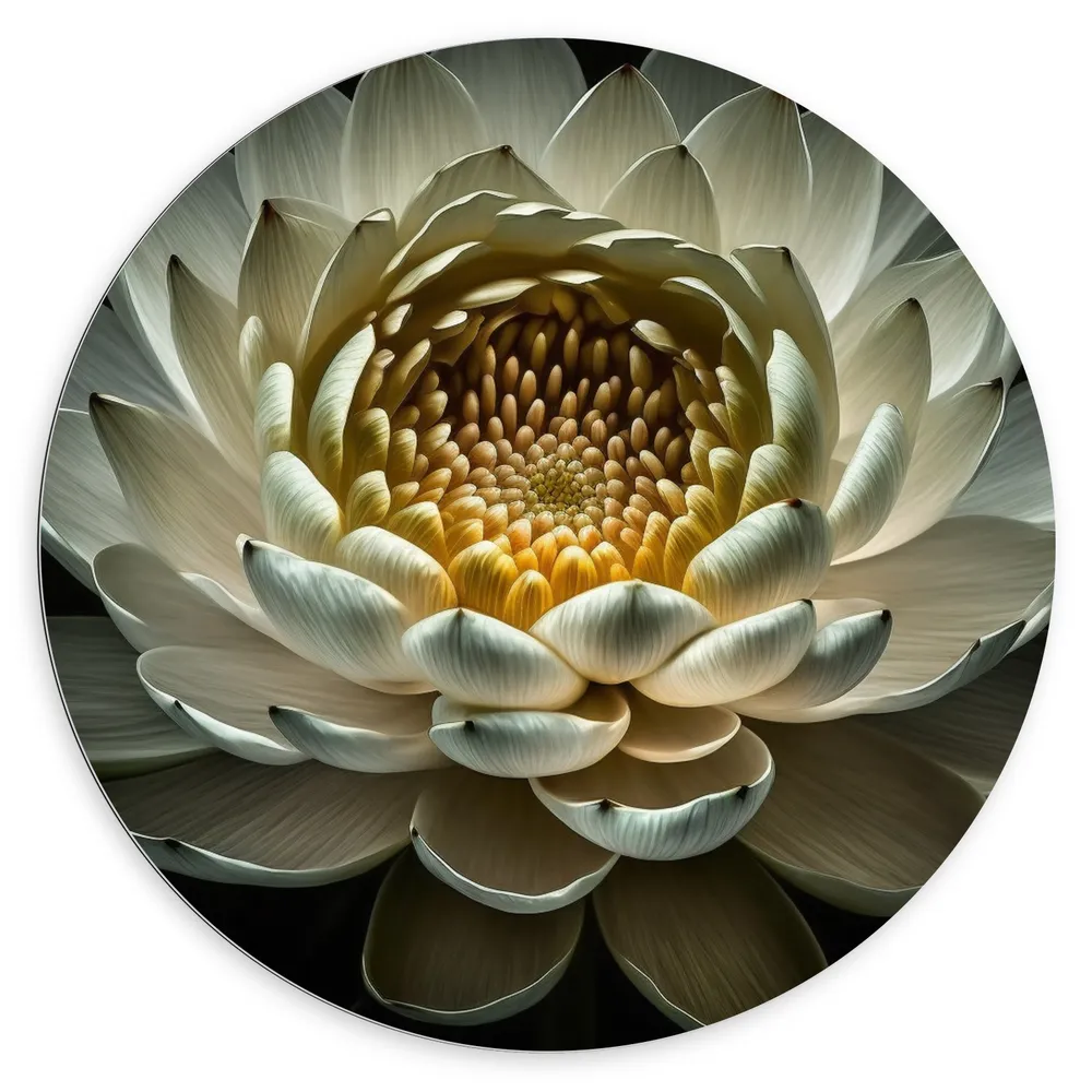 Dibond Muurcirkel - Close Up Van Witte Waterlelie met Geel Midden op Donkere Achtergrond - Bloemen