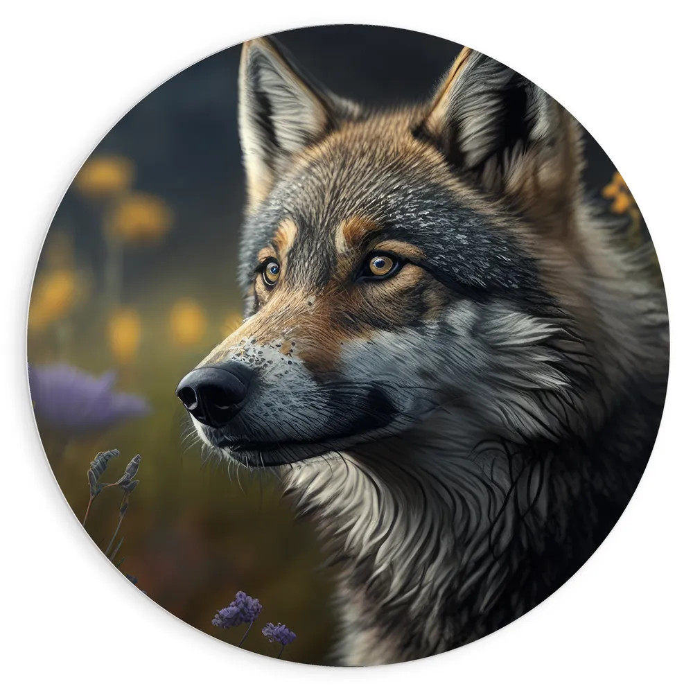 Dibond Muurcirkel - Wolf - Dier - Bloemen - Kleuren
